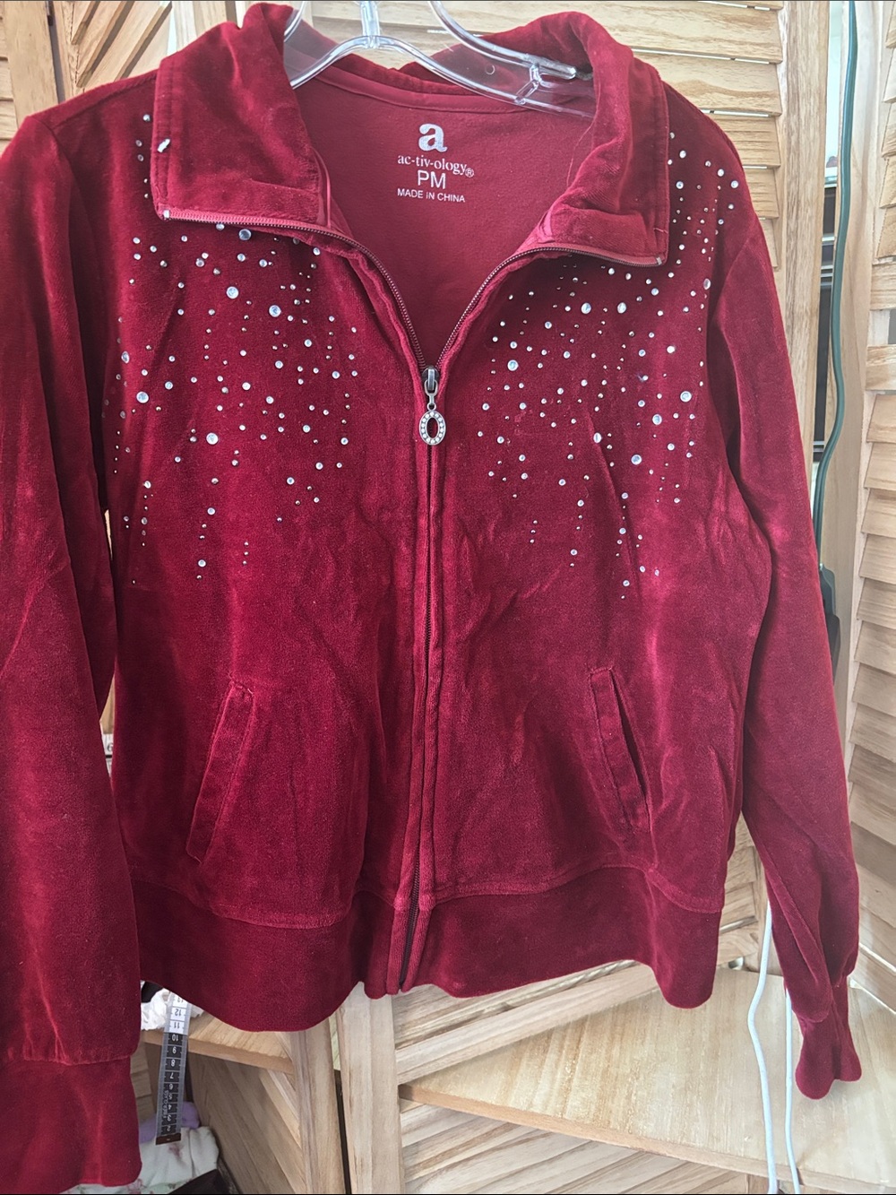 Activology Cranberry Velvet Zip Front Jacket with Rhinestone Embellishment PM